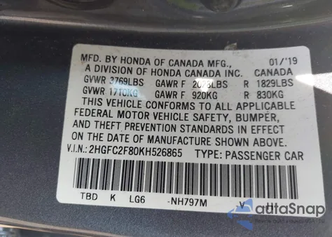 2019 Honda Civic Sport z USA, uszkodzony, nr VIN 2HGFC2F80KH526865